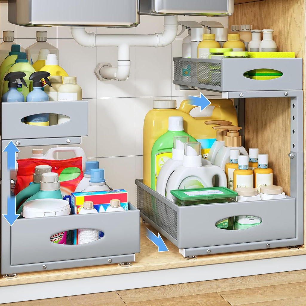 Under Sink Organizer by [Brand Name] - 2 Pack 2 Tier Pull Out Cabinet Storage with Mesh Drawers | Grey