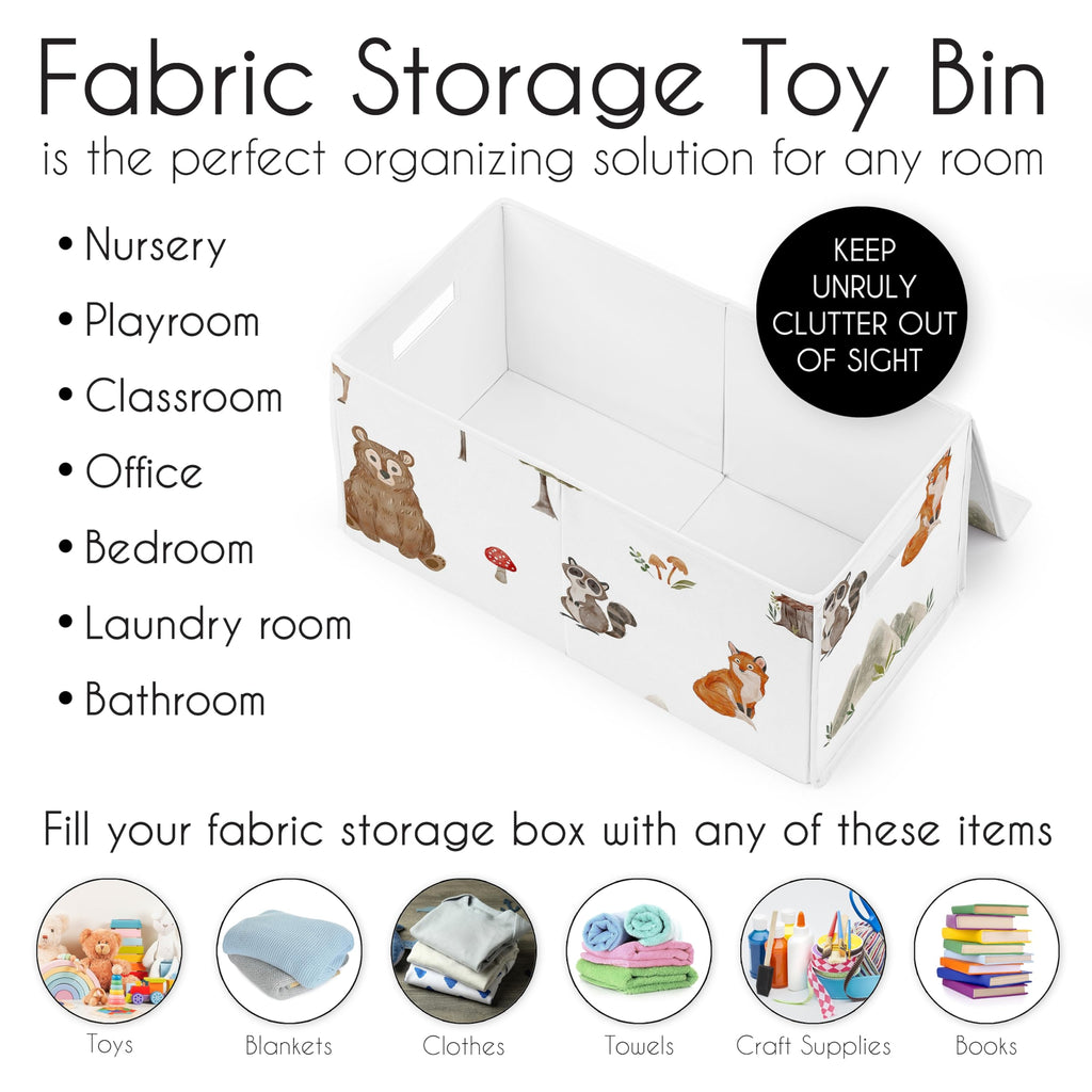 Sweet Jojo Designs Woodland Forest Animals Boy Girl Gender Neutral Unisex Collapsible Toy Storage Box Chest Organizer with Lid Baby Nursery Kid Children Room Bear Fox Hedgehog Deer Squirrel Watercolor