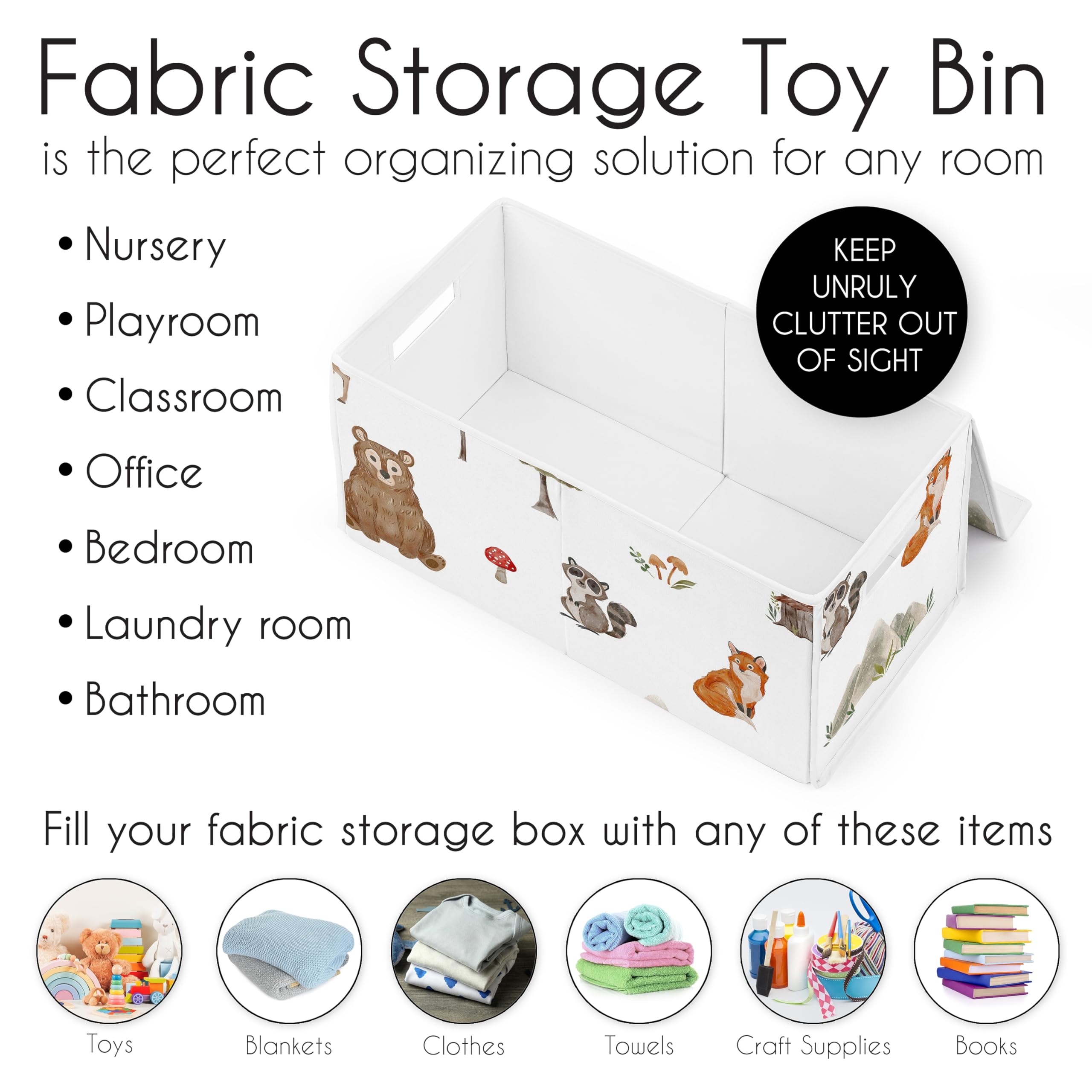 Sweet Jojo Designs Woodland Forest Animals Boy Girl Gender Neutral Unisex Collapsible Toy Storage Box Chest Organizer with Lid Baby Nursery Kid Children Room Bear Fox Hedgehog Deer Squirrel Watercolor