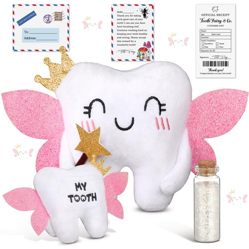 Threehoney Tooth Fairy Pillow Kit Includes Toothfairy Pillow with Pocket Fairy Glitter Receipt Envelope Card, Toothfairy Plush Keepsake Gift for Kids Boys Girls Souvenir (Cute Style)