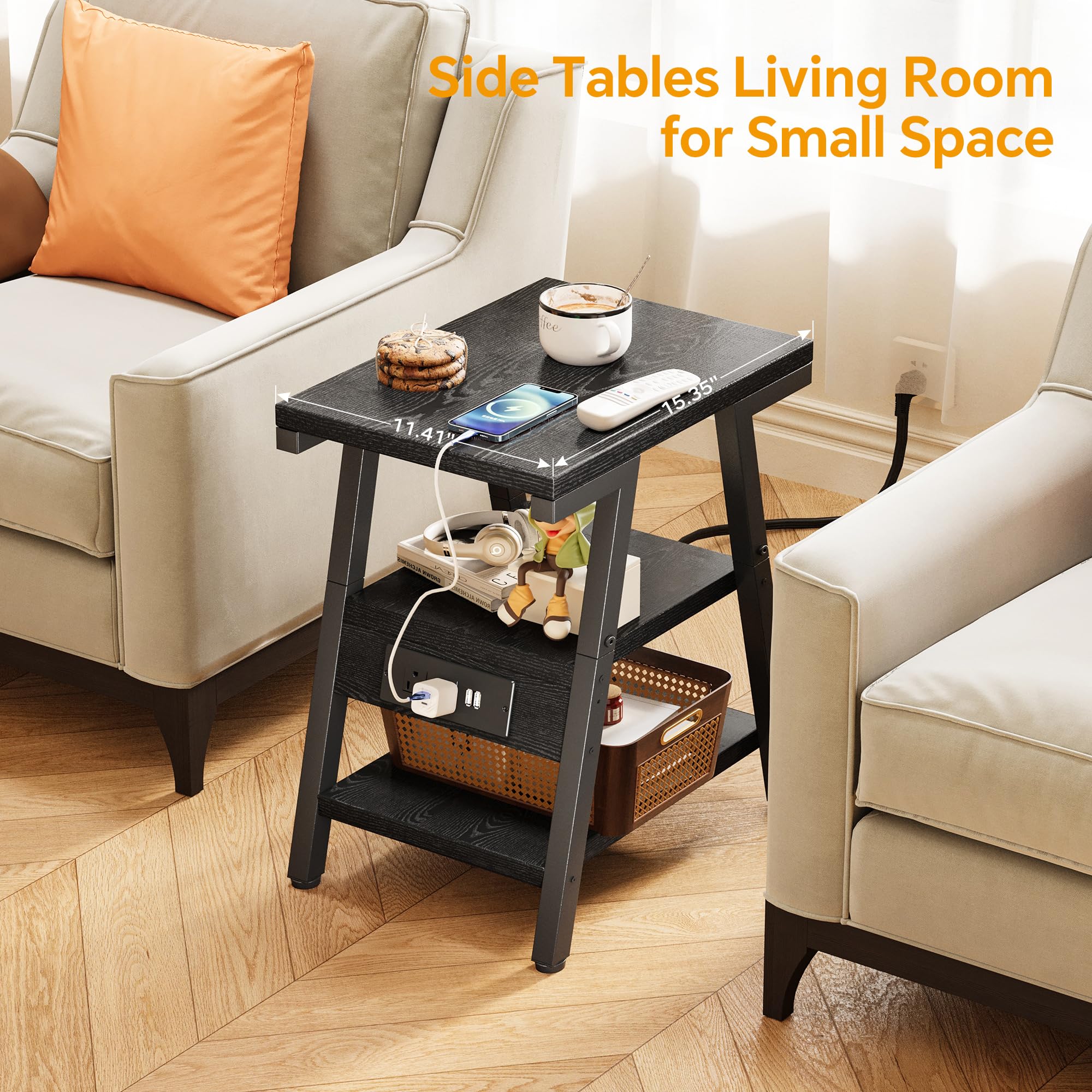 SIde Table with Charging Station, Small End Tables with Lucky 7 Metal Shape, 3-Tier Nightstand with Outlets and USB Ports, Adjustable Leveling Feet, Side Table for Living Room, Bedroom (Rustic Brown)