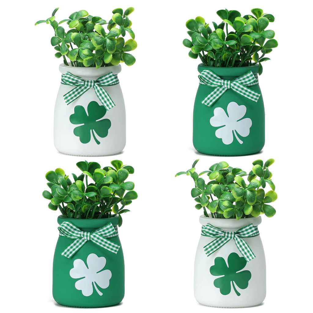 St Patricks Day Tiered Tray Decorations - 4 PCS Mini Mason Jars with Artificial Shamrock, Decorative Jars Centerpieces for Home Table Mantel St Patricks Party Supplies, Green Spring Decor