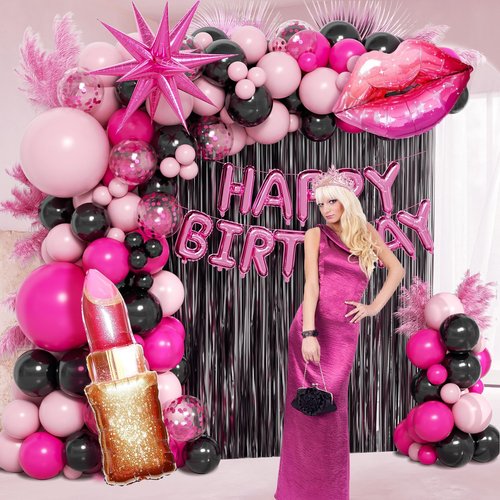 Hot Pink and Black Birthday Decorations with Black Hot Pink Confetti Balloons Happy Birthday Foil Balloons Fringe Curtains for Party Decorations