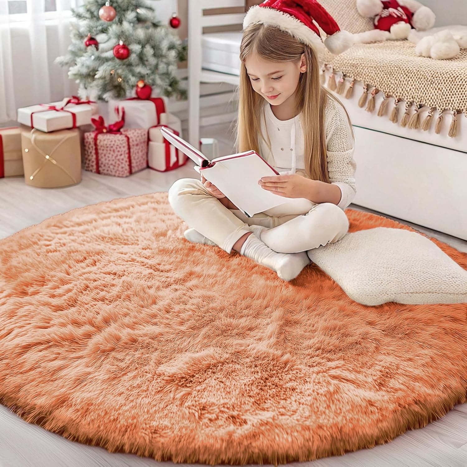 OLANLY Round Area Rug - Muted Orange, Soft & Fluffy Shaggy Carpet for Bedroom, 4 ft Circle