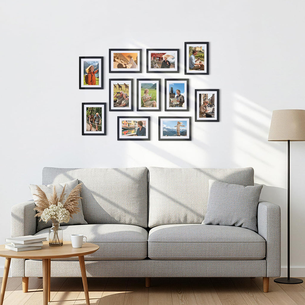 CRUGLA 5x7 Picture Frames Set of 11, Display Pictures 4x6 with Mat or 5 by 7 without Mat, Wall or Tabletop Display, Black