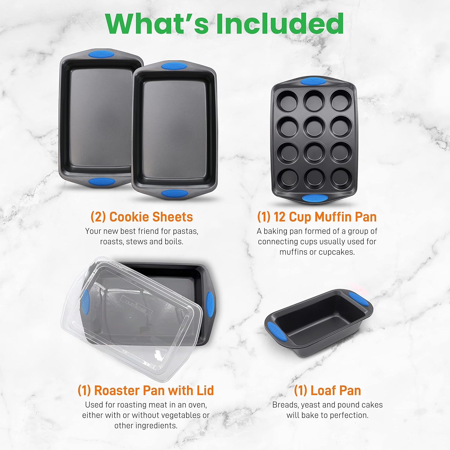 NutriChef 6-Piece Baking Pan Set - Nonstick Carbon Steel Bakeware with Blue Silicone Handles | Gray