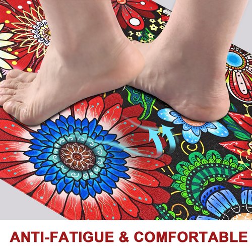 Likiyol Boho Kitchen Rugs Floral Kitchen Mats for Floor Bohemian Cushioned Anti Fatigue Mats for Kitchen Floor Non Slip Washable Kitchen Mat for Home, Sink, 18''x30''+18''x48''+18''x60'', Red