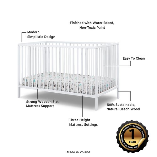 Sorelle Furniture Happy 3-in-1 Convertible Crib, Baby Crib to Toddler Bed, Sustainable Beech Wood, Non-Toxic Finish, Simplistic Nursery Furniture - White