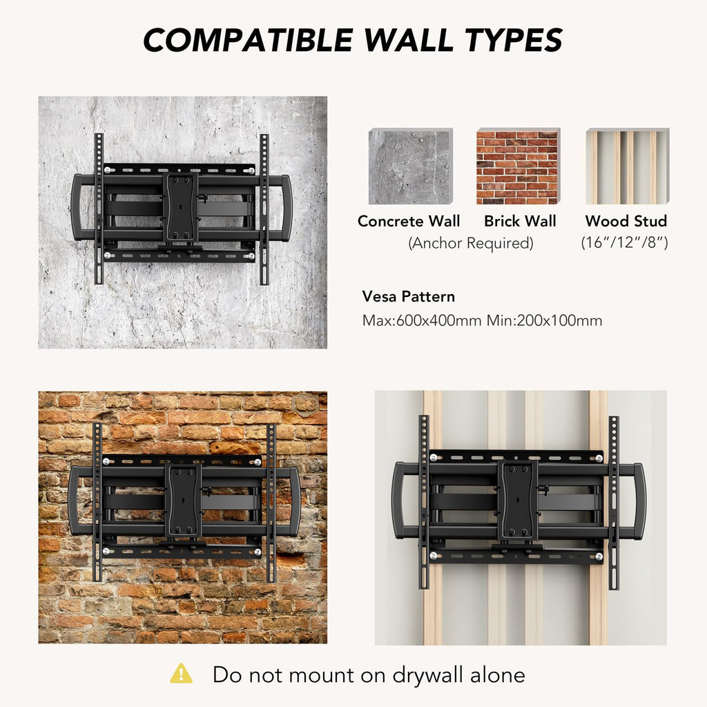 Full Motion TV Wall Mount Bracket for Most 32-85 inch TVs,TV Mount with Dual Articulating Arms,Tilt/Swivel/Extension/Leveling,Fits 8” 12” 16" Studs,Max VESA 600x400mm, Holds up to 132lbs