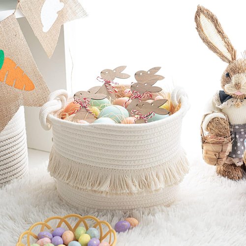 CherryNow Woven Storage Baskets - 9.5'' x 7'' Cotton Rope Hamper for Diapers, Blankets & Keys | Off-White with Cute Tassel