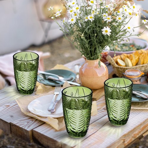 Reallnaive Green Drinking Glasses Set of 8, Boho Aesthetic Vintage Glassware Fern Carving Textured Tumbler Water Cups Embossed Pattern Drinkware Cocktail Glasses Set for Xmas Gifts(12 oz,Highball)