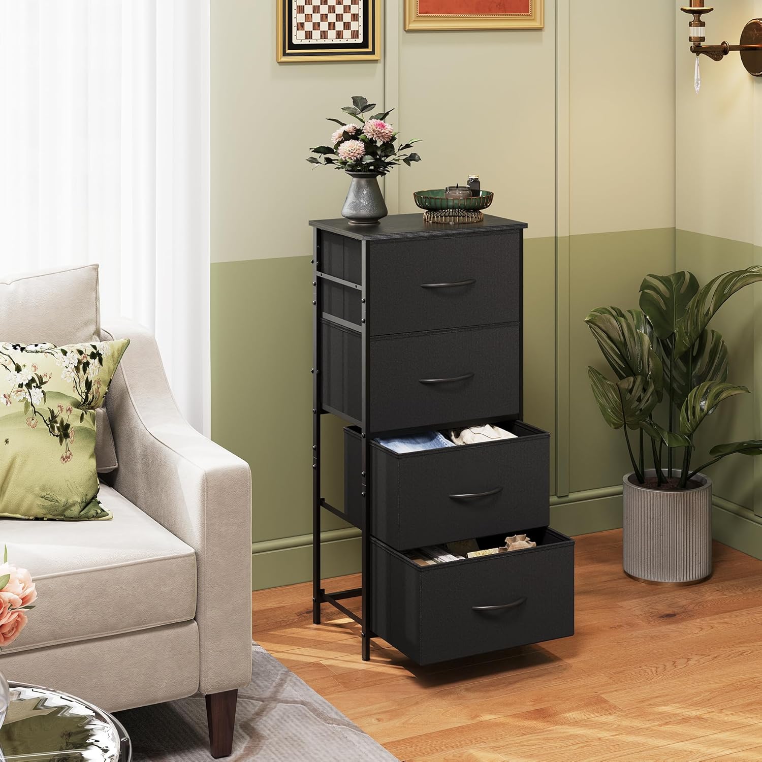 WLIVE Dresser - 4 Drawer Fabric Storage Tower with Sturdy Steel Frame | Charcoal Black