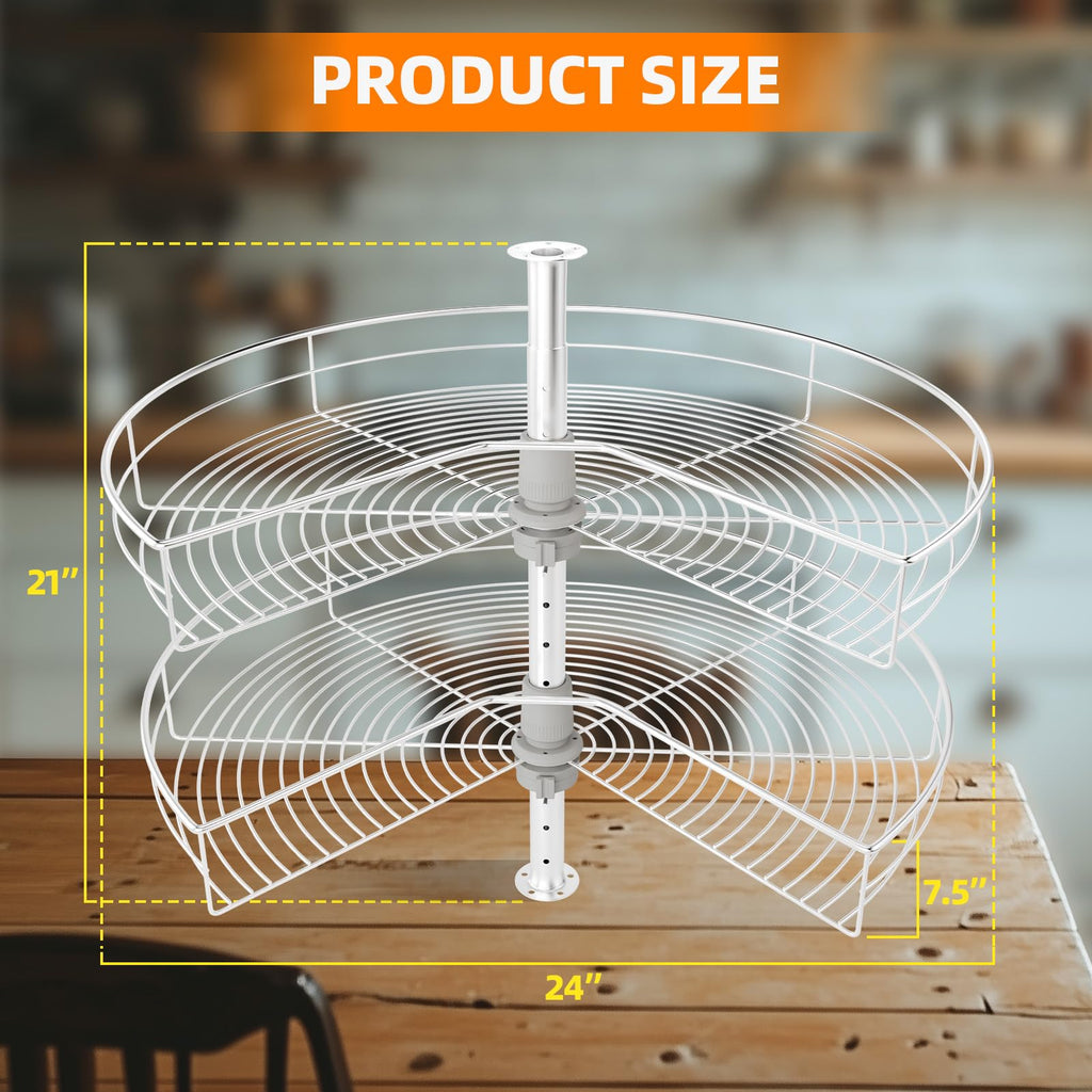 24" Corner Cabinet Turntable, 270° Rotating Basket Adjustable Height Kitchen Shelf Turntable, 2 Tier Rotating Basket 304 Stainless Steel Rotating Storage Rack for Kitchen Corner Cabinets