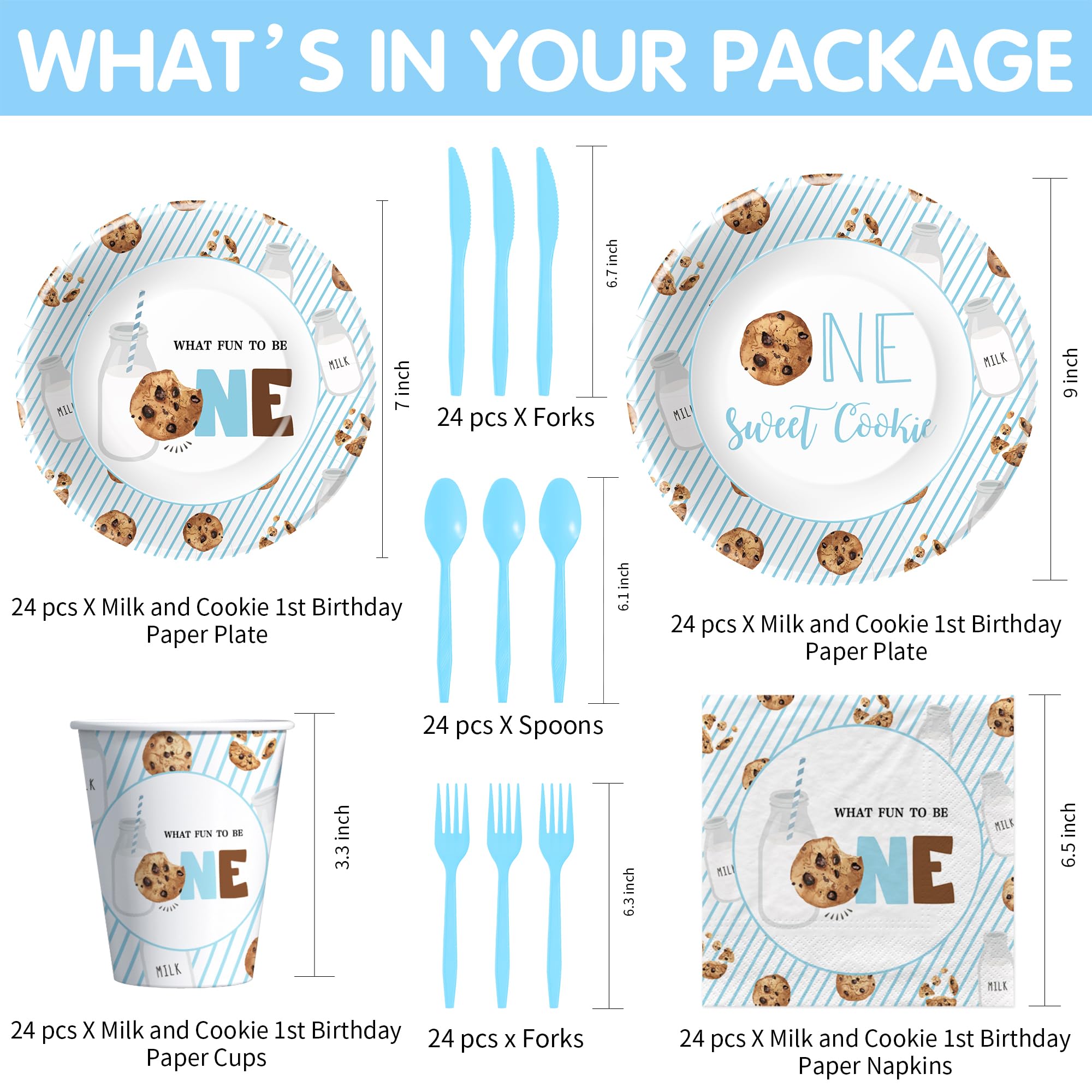 HIPVVILD Milk and Cookies 1st Birthday Decorations Tableware - One Sweet Cookie Birthday Party Supplies, Milk Theme Paper Plates and Napkins Set, Disposable Cutlery | Serves 24