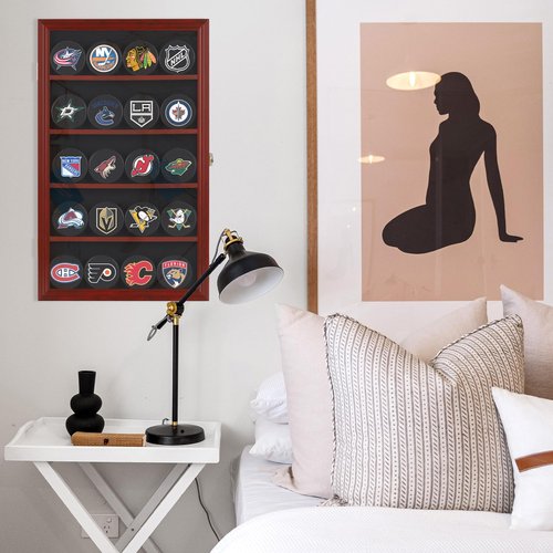 20 Hockey Puck Display Case Cabinet Holder Wall Rack 98% UV Protection Also Fits Pucks in Square Plastic Case (Mahogany Finish)
