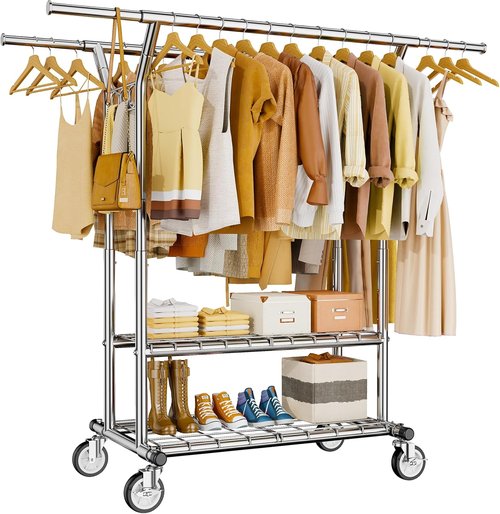 HYSEYY Heavy Duty Clothes Rack - Portable Rolling Double Rod Garment Rack with Shelves | 620 LBS Capacity