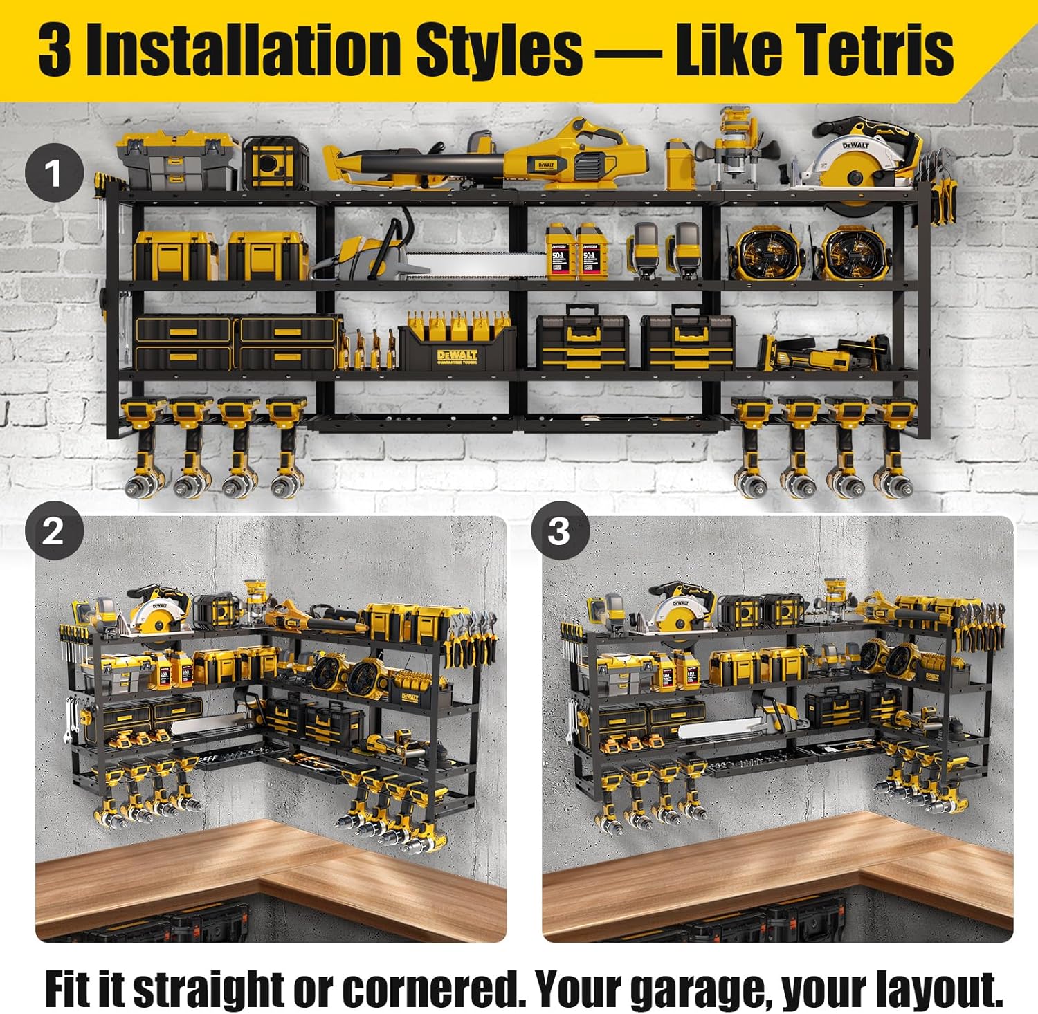 Power Tool Organizer Wall Mount by XLarge - Modular 820lbs Garage Storage Rack | 8 Cordless Drill Holders & 4-Tier Heavy Duty Utility Shelf