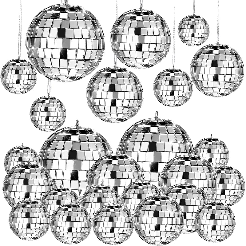 MTLEE 20 Pcs Disco Ball Decorations – Assorted Sizes with Hooks & Threads (Silver, 1.2-2.4 Inch)