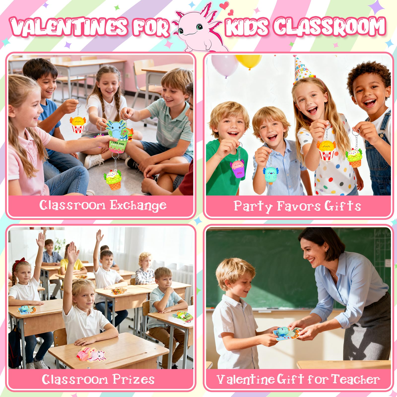EULRGAUS Valentines Day Cards for Kids School, 24 PCS Food Axolotl Slow Rising Squishy Toys, Valentines Cards for Kids Classroom with Keychains, Valentines Classroom Exchange Party Favors Gifts