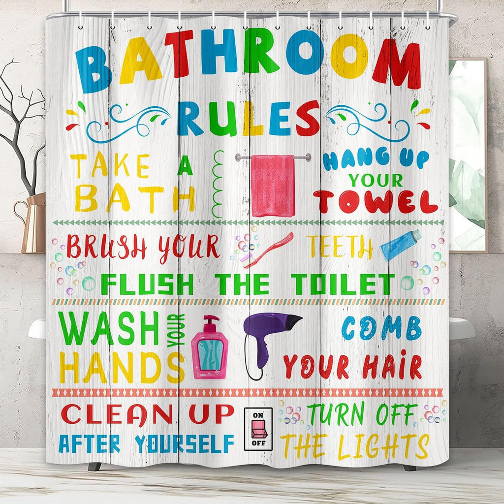 4 Pcs Kids Shower Curtain Sets, Funny Teen Boy Girl Bathroom Sets with Non-Slip Rugs and Accessories, Cute Colorful Bathroom Rules Fabric Toilet Lid Cover and Bath Mat, Shower Curtain with 12 Hooks.