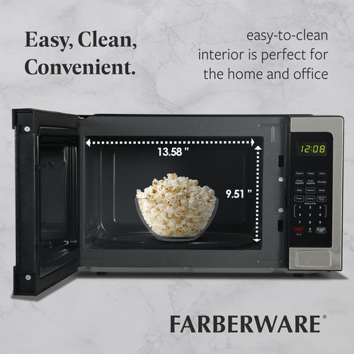 Farberware 1.1 Cu. Ft. Countertop Microwave Oven – 1000 Watts Power, Auto Cook Settings, Defrost, Easy Clean and Child Safety Lock - Stainless