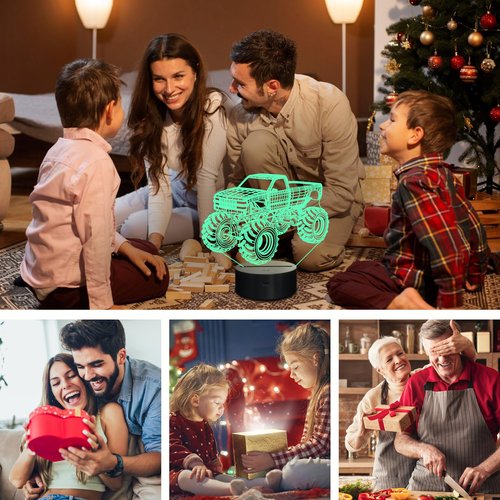 CoolGift Mart Monster Trucks Night Light for Boys, 3D LED Optical Illusion Lamp with Remote Control and Timer, Perfect Christmas and Birthday Gift Idea for Boys, Kids, and Teens