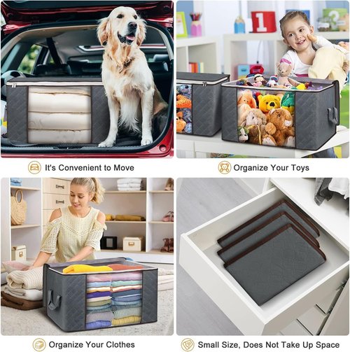 Budding Joy | Foldable Large Blanket Storage Bags - 60L Capacity, Enhanced Handles, 6-Pack Gray