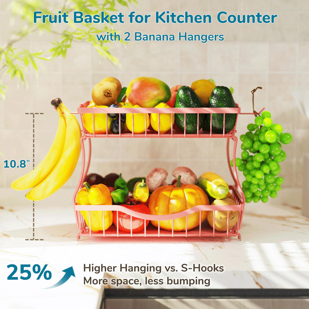Zurklulu Pink 2 Tier Large Fruit Basket for Kitchen Counter with 2 Banana Hangers, Metal Fruit Bowl for Onion Vegetable Bread Snack, Countertop Organizer – 14.5" W x 9.5" D