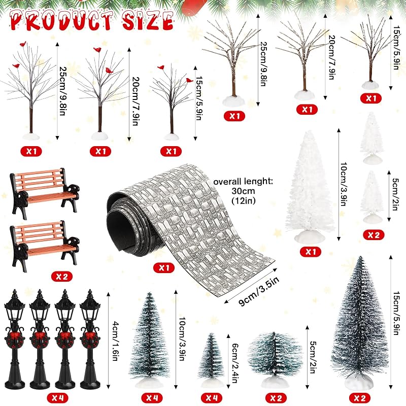 Classic 28 Pcs Mini Christmas Village Tree Set with Snow, Lamps & Benches