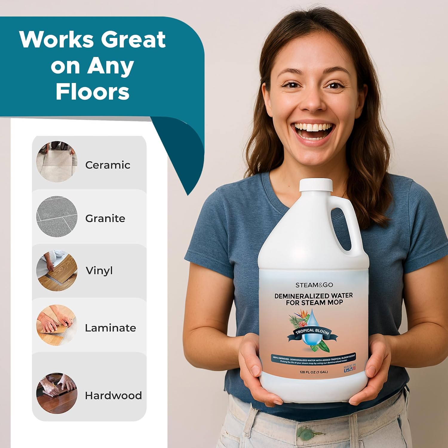 Steam & Go Demineralized Water | PVC-Free Floor Cleaner for All Steam Mops - Tropical Bloom, 128 Fl Oz