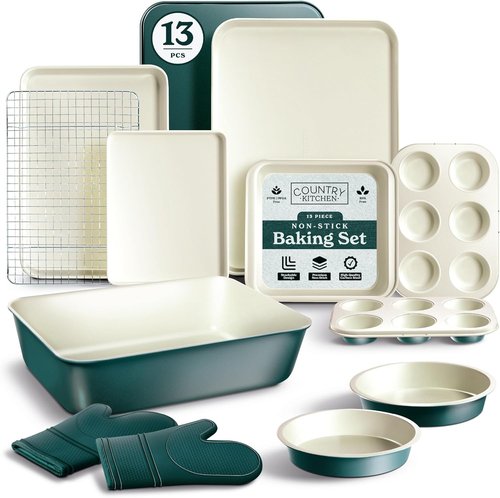 Country Kitchen Nonstick Bakeware Set - Deluxe Heavy Duty, Easy Release, Sage | 13 Pcs