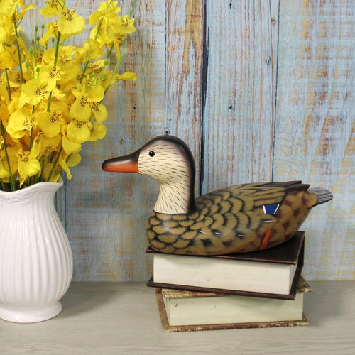 CVHOMEDECO Mallard Duck Figurine - Hand Engraved & Painted Wood Decor Accent, 13 Inch, Brown