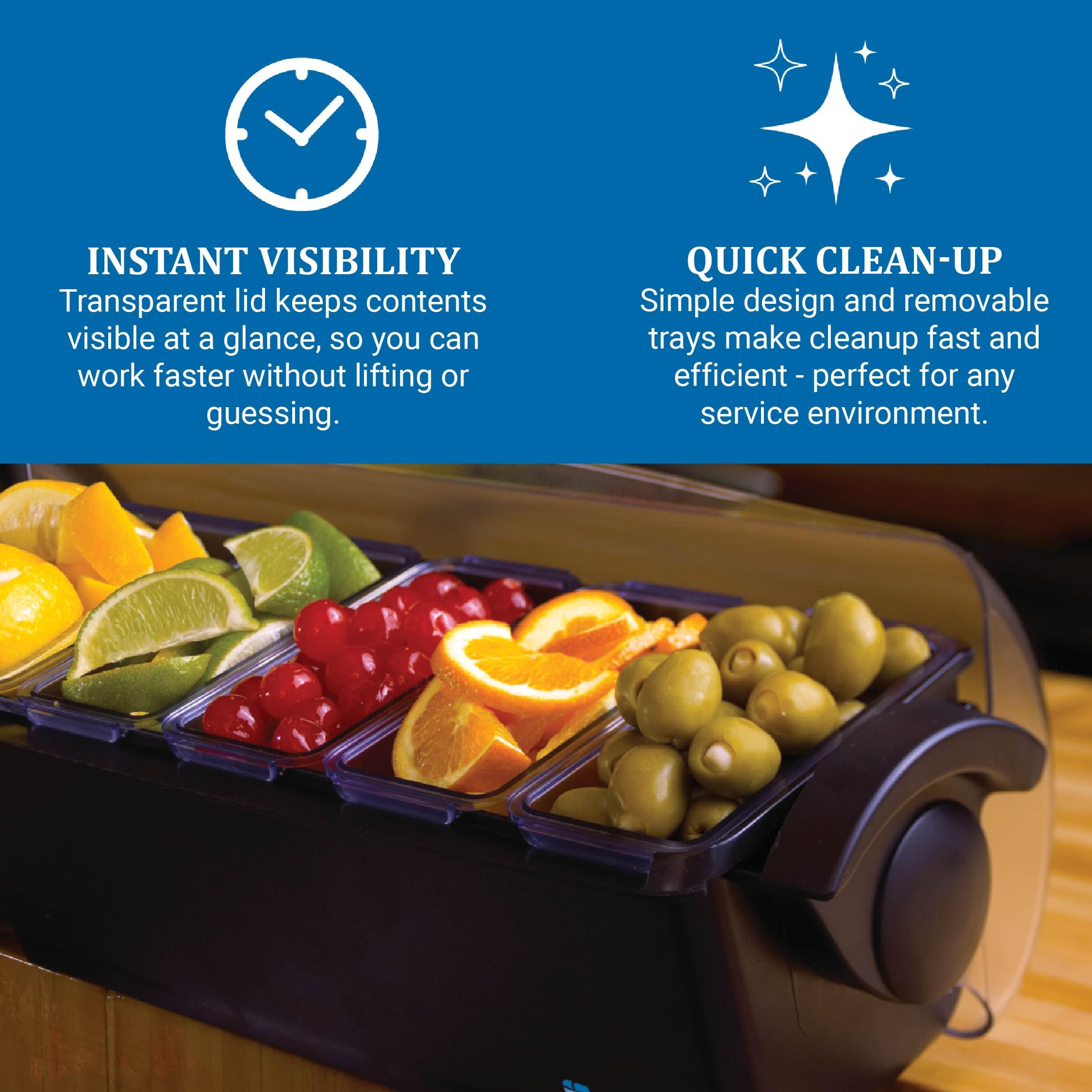 San Jamar Dome Garnish Center 5 Tray with Caddy for Kitchen, Bar, And Restaurants, Plastic, 8 Pints, Black
