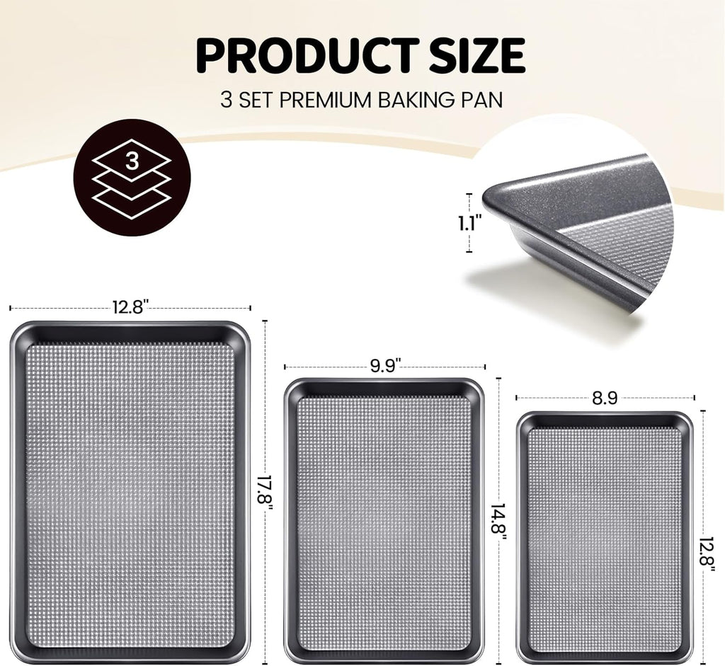 Vinino Baking Sheet Set of 3 - Non-Stick Carbon Steel Cookie Sheets with Square Texture - Grey