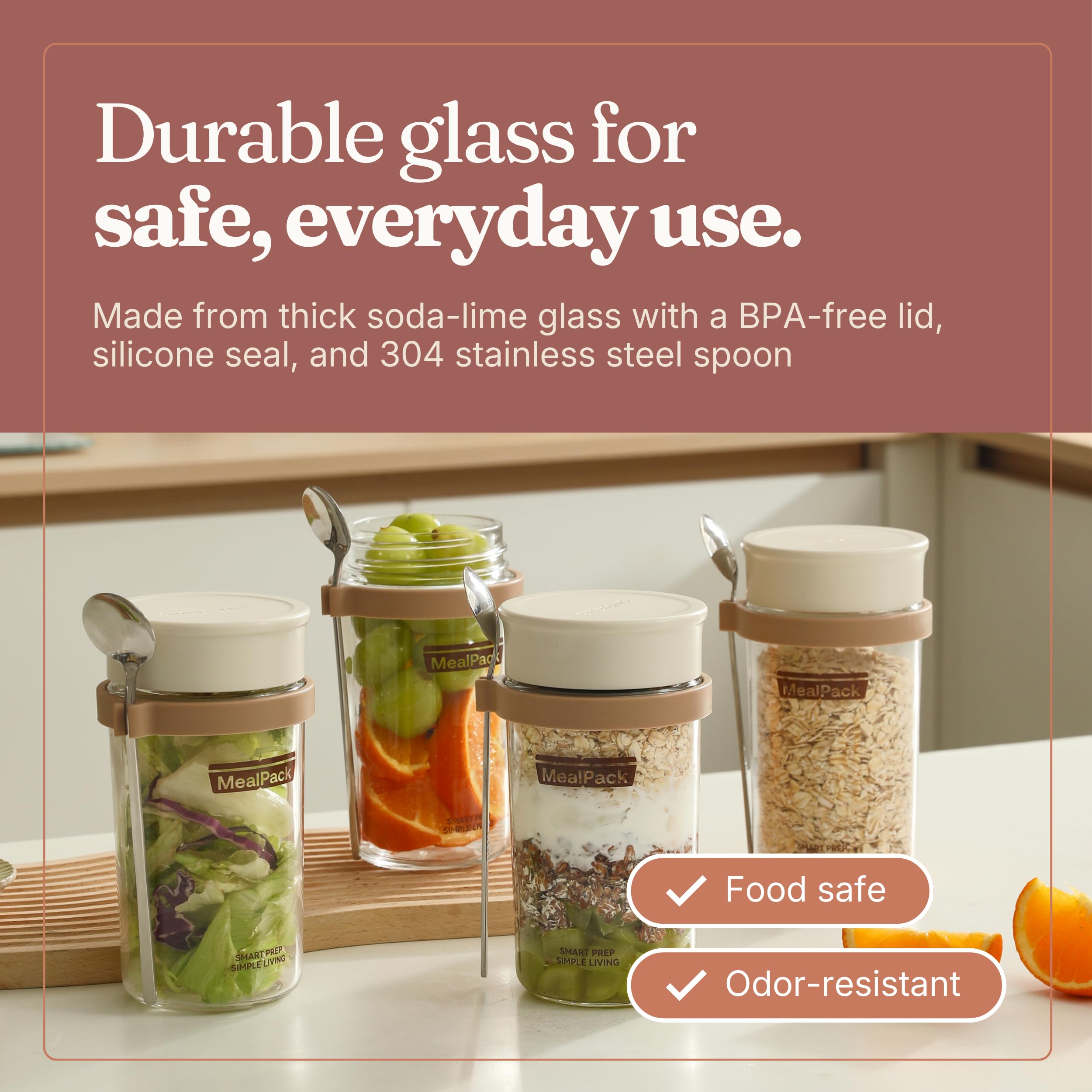 Overnight Oats Containers with Lids and Spoons (4 Pack) – 12oz Glass Jars for Yogurt Meal Prep, Chia Pudding & Snacks – Leakproof Airtight Mason Jar Set – Portable Food Storage with Cleaning Brush