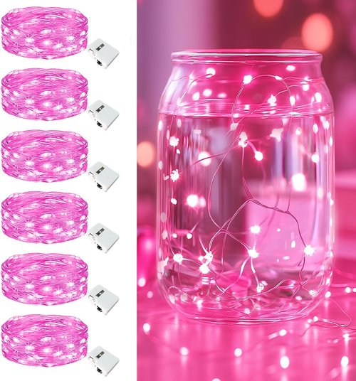 Fairy Lights 6 Pack - 7ft 20 LED Battery Operated Twinkle Lights | Waterproof Mini String Lights for DIY Party & Wedding Decor - Pink