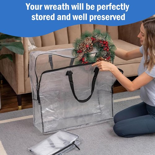 Extra Large Wreath Storage Container by [Brand Name] - 25-Inch Transparent Bags with Zipper & Handles | Waterproof & Foldable