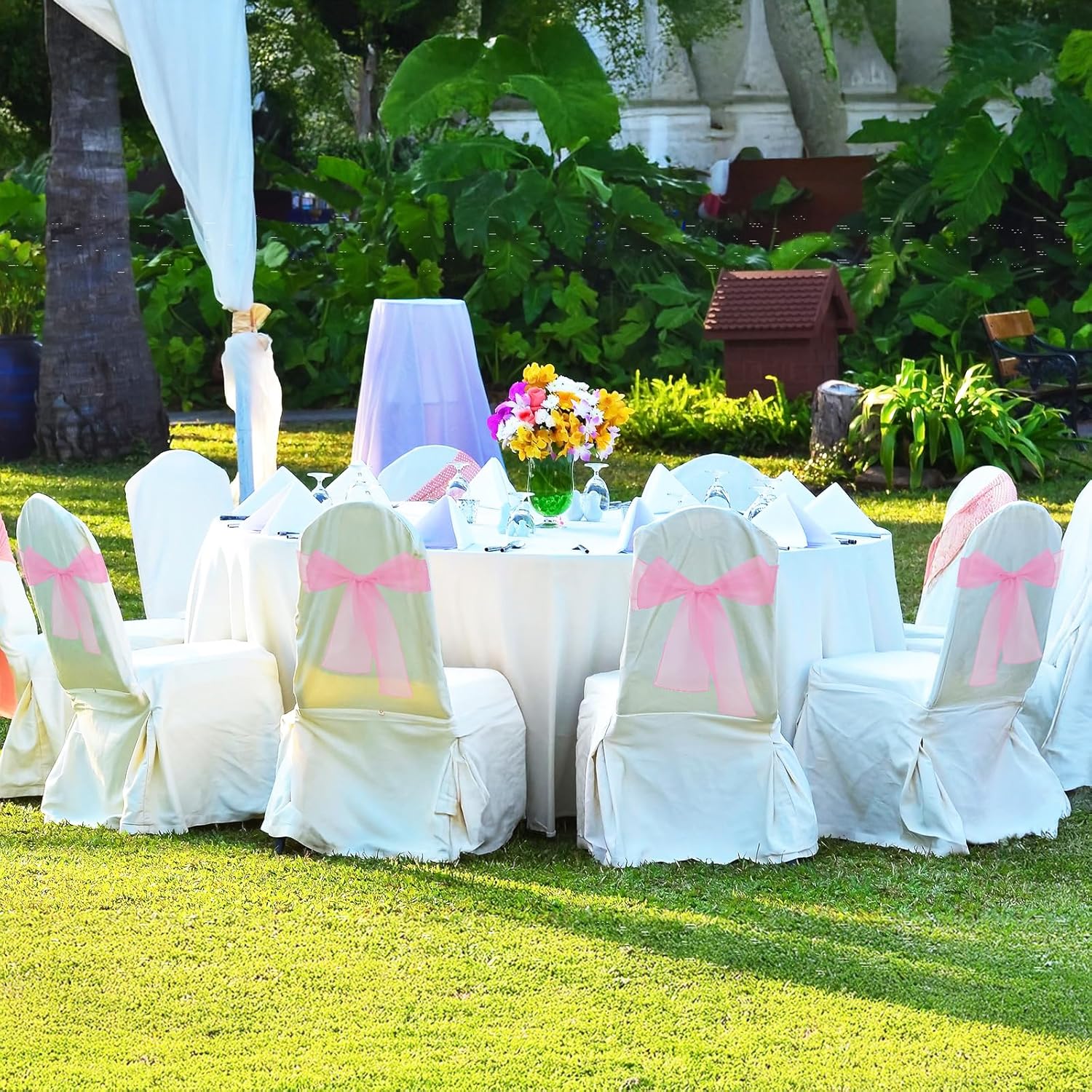 Skiennix Pink Chair Sashes - Elegant Organza Chair Bows for Weddings & Parties | 10PCS Set