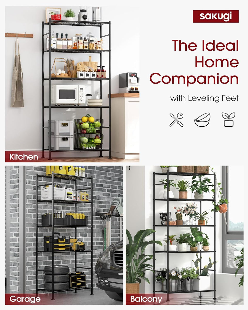 Sakugi 5-Tier Metal Storage Shelves Organizer - Heavy-Duty Rolling Shelf for Kitchen, Pantry & Closet | 33.1"x12.6"x73.5", Black