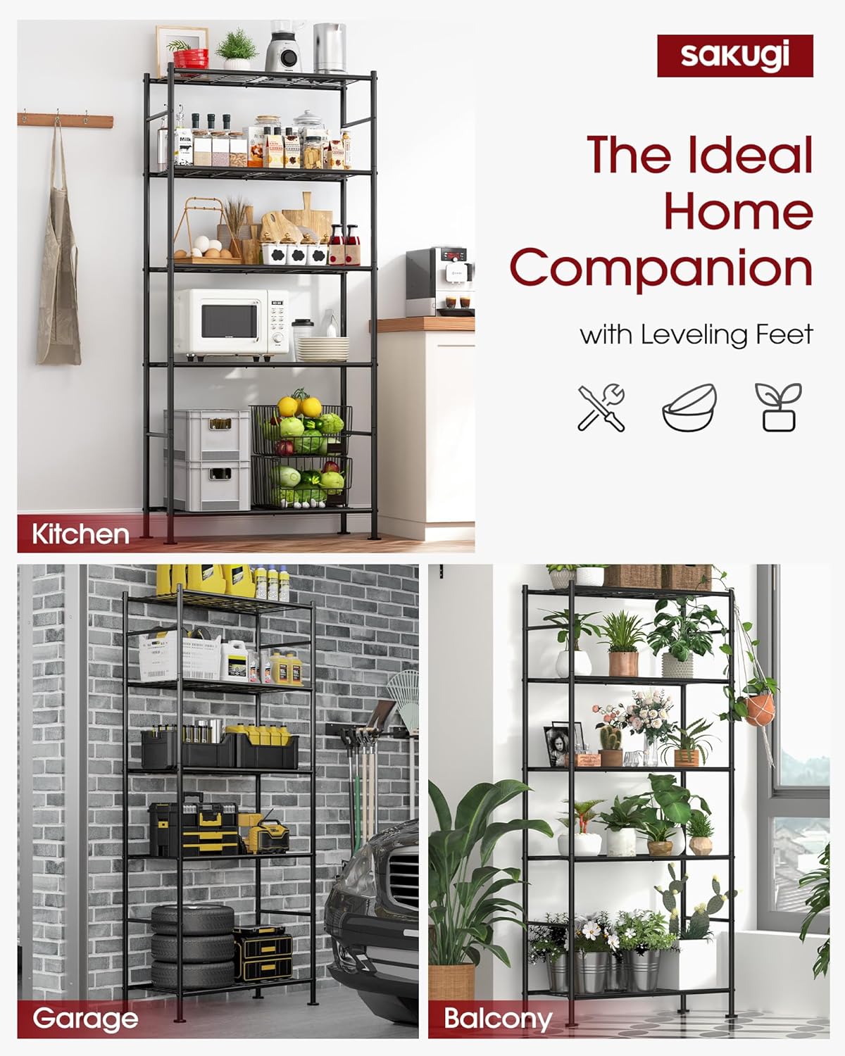 Sakugi 5-Tier Metal Storage Shelves Organizer - Heavy-Duty Rolling Shelf for Kitchen, Pantry & Closet | 33.1"x12.6"x73.5", Black