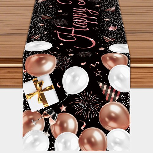 Happy Birthday Table Runner, Black and Rose Gold Party Decoration, 72 x 13 inches, Balloon and Firework Design