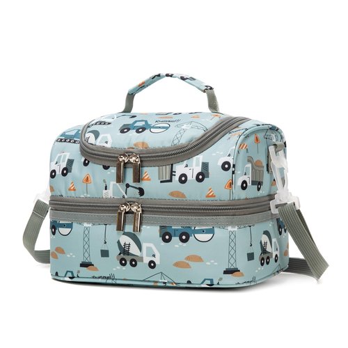 Khulula Insulated Kids Dual Compartment Lunch Bags Tote Pack for Girls Boys Toddler Kindergarten School Picnic Food Cooler Boxes with Shoulder Strap (LightBlue Car, Double Decker)