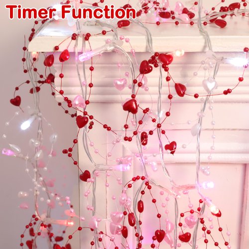 HALOGATE [Timer] Valentine's Day Decor Garland Lights, 10FT 30 LED Light 2 Modes Valentine Heart String Lights Battery Operated, Romantic Decorations for Indoor Outdoor Bedroom Home, Pink Red White