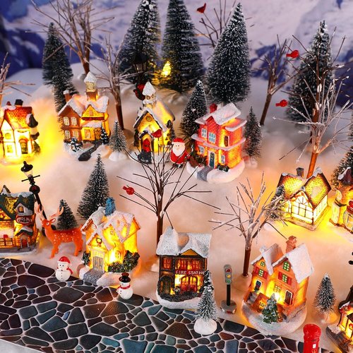 Kajaia Christmas Village Set - 68 Pieces Winter Houses, Trees & Snowman Decor for Miniature Displays