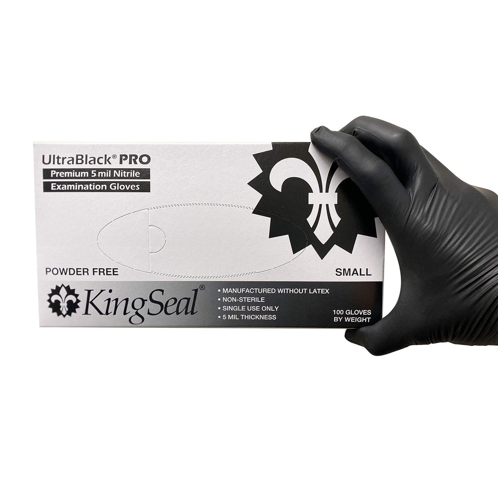 KingSeal UltraBlack-PRO LARGE Nitrile Medical Grade Exam Gloves, Latex Free, 5 MIL, Textured Fingertips - 10 Boxes of 100 Gloves by Weight (1000 Count)