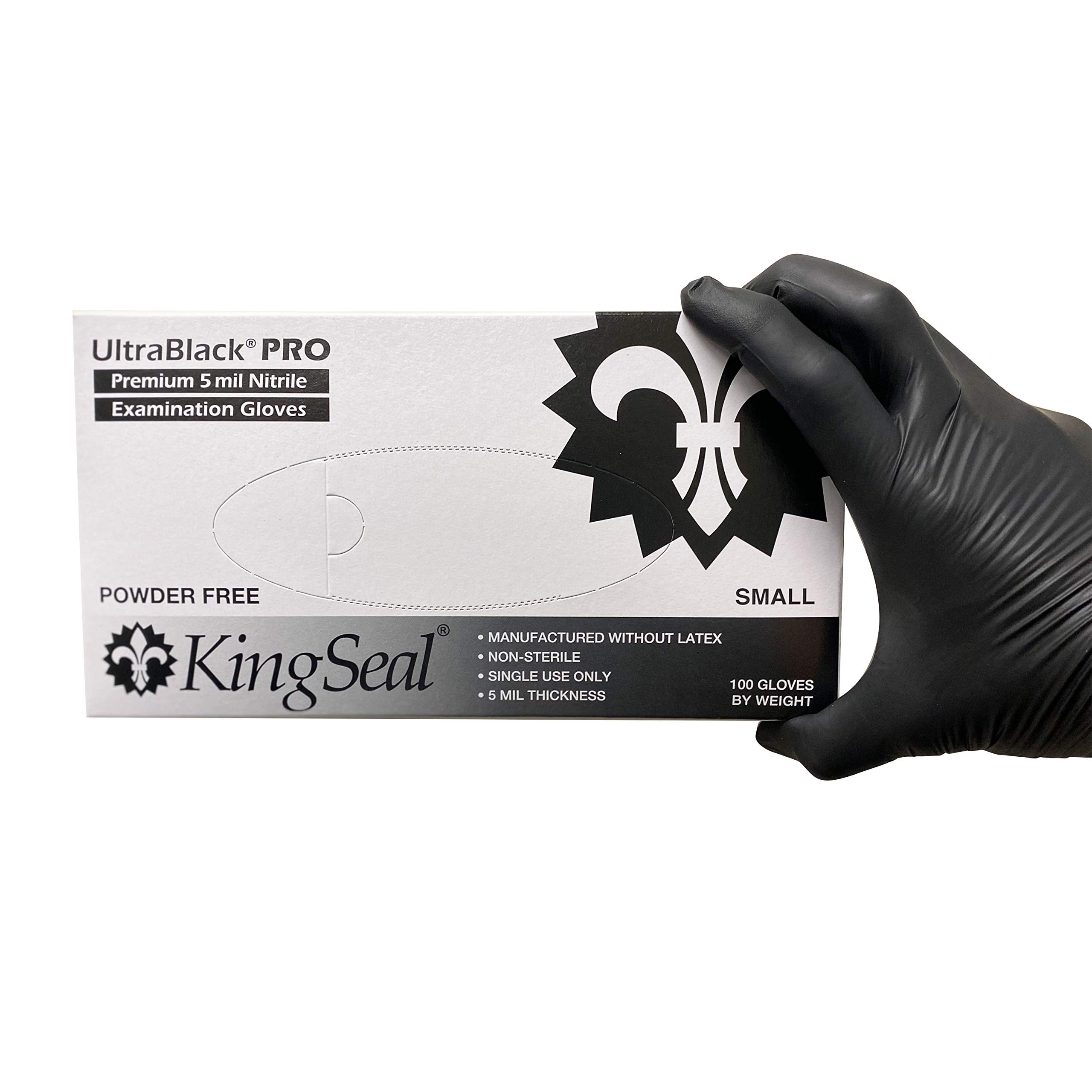 KingSeal UltraBlack-PRO LARGE Nitrile Medical Grade Exam Gloves, Latex Free, 5 MIL, Textured Fingertips - 10 Boxes of 100 Gloves by Weight (1000 Count)