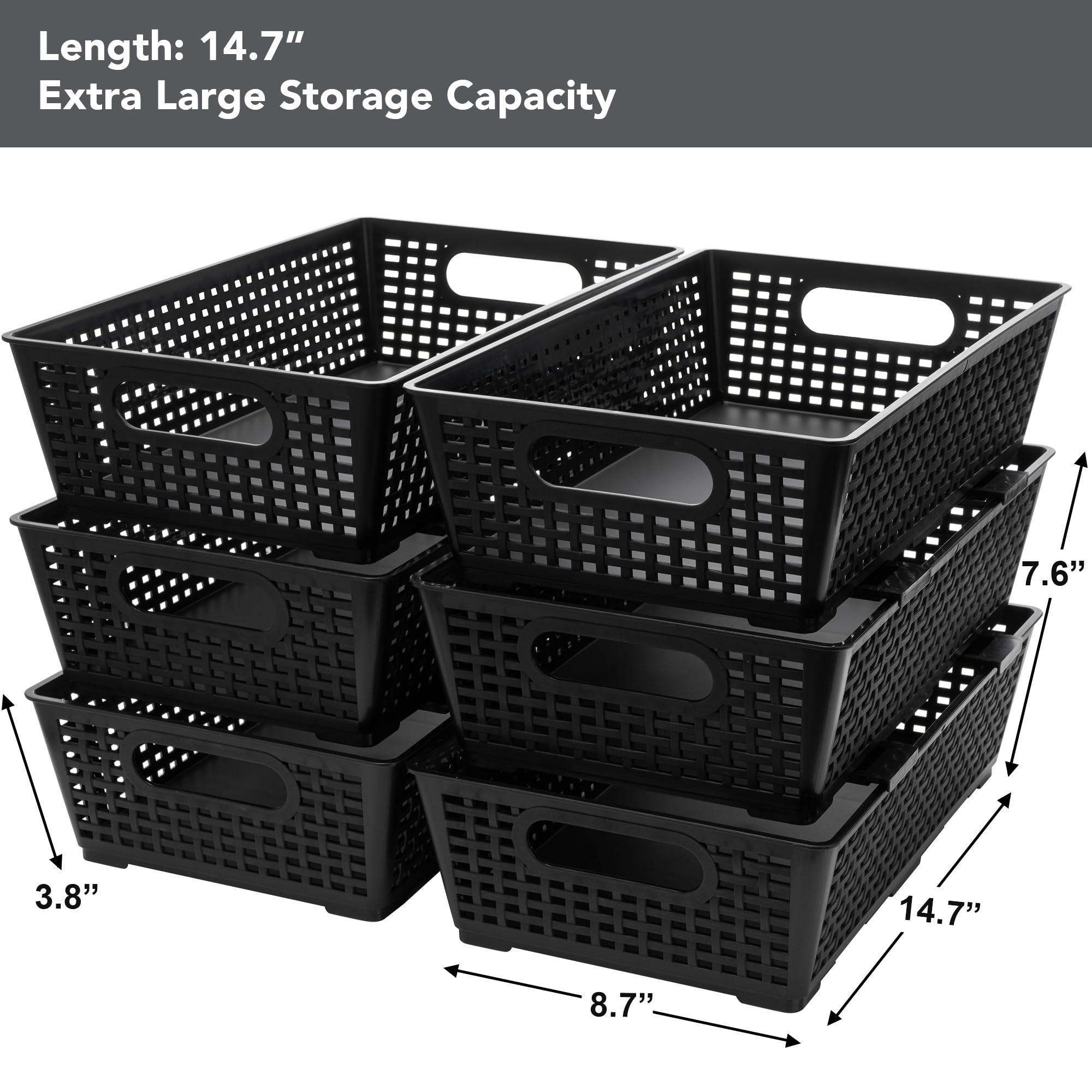 Tiawudi Stackable Woven Plastic Basket, Storage Bins for Cabinet, Closet, Shelf, Under Sink and Countertop, Pantry Organizer Bins, 6 Pack