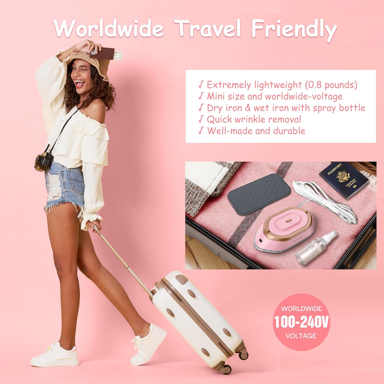Newbealer Travel Iron - Mini Dry Iron with Global Voltage, 300W Power, Non-Stick Soleplate | Pink, Ultra-Lightweight