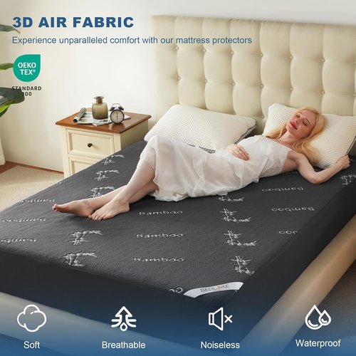 BEDLORE Queen Size Waterproof Mattress Protector - Soft Bamboo Viscose Fitted Cover | Breathable & Noiseless, Machine Washable (Gray)