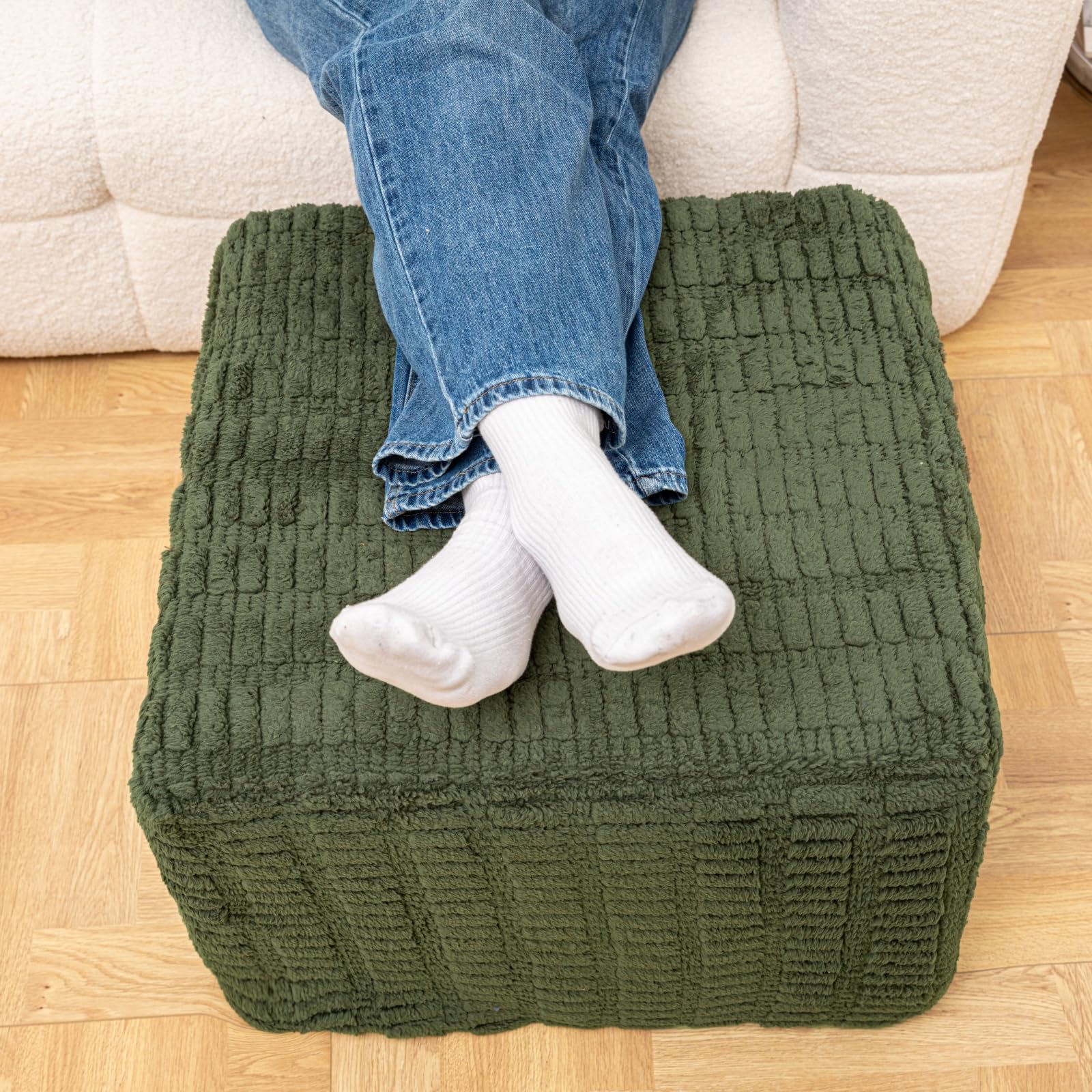 Poofieotto 20x20x14 Inches Fluffy Square Pouf Ottoman - Plush Furry Boneless Ottoman Foot Rest Stool with High-Density Foam, Versatile Floor Seating for Living Room (Green)